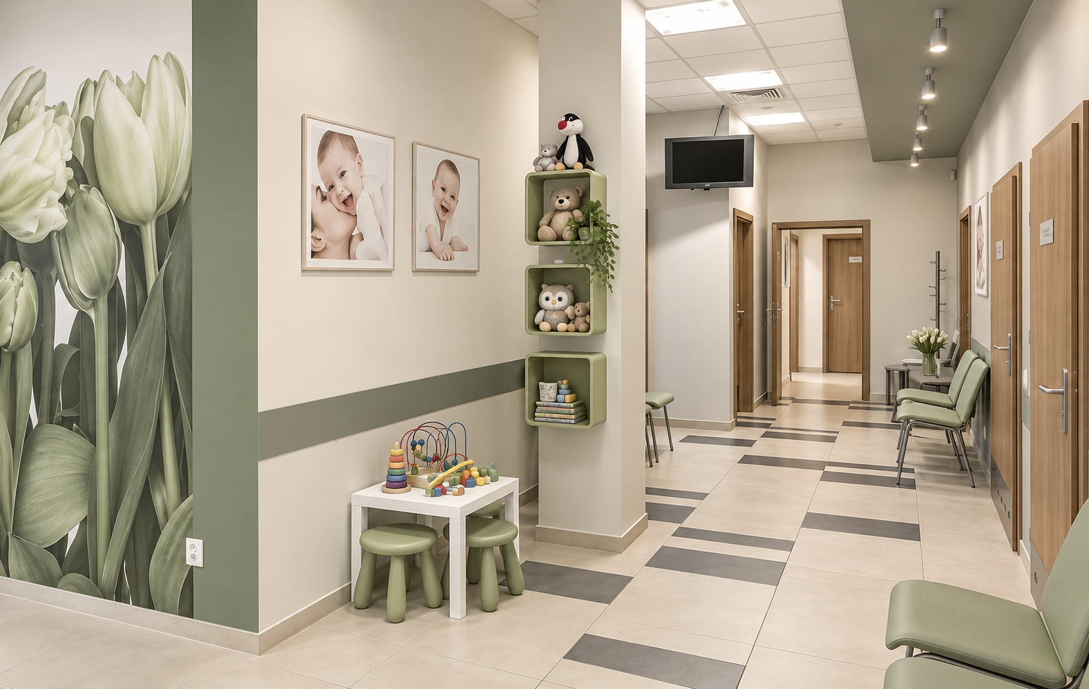 Korytarz Centrum Medycznego Tulipan z kącikiem zabaw dla dzieci
